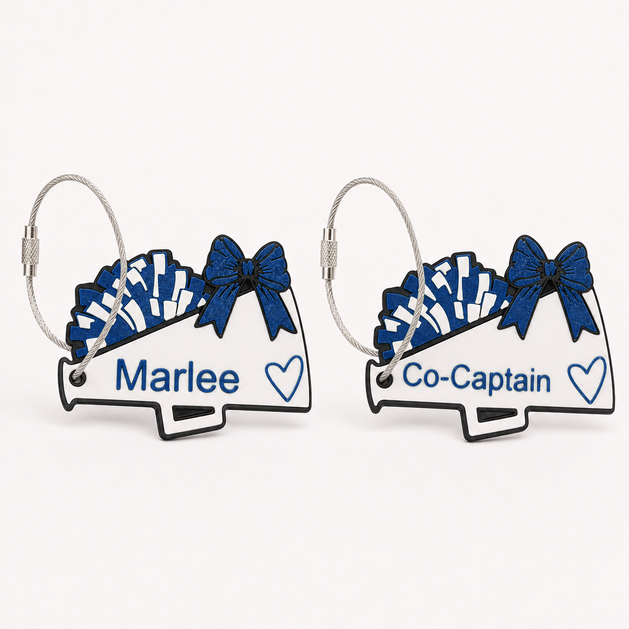 Megaphone cheer bag tags in blue — Marlee and Co-Captain