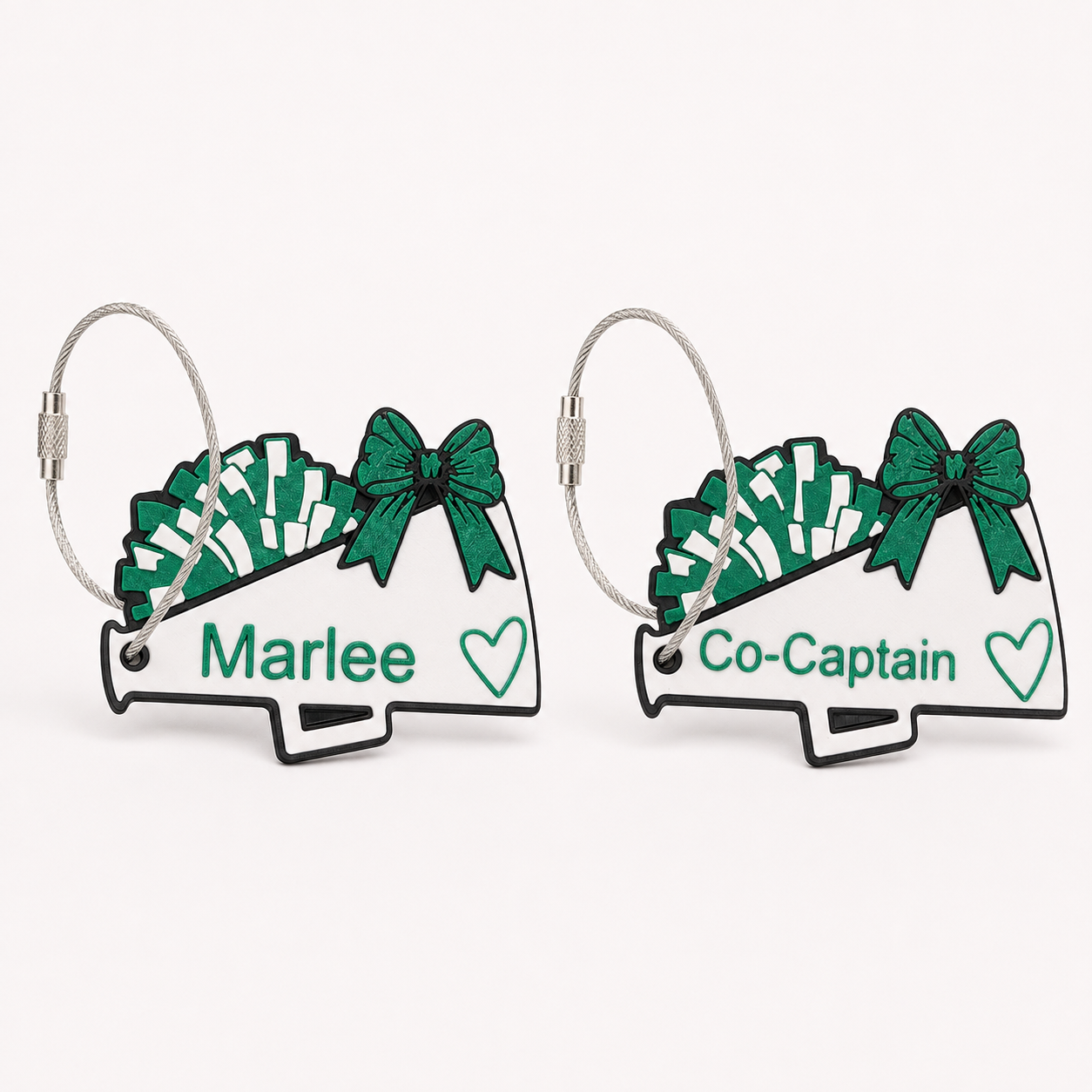 Megaphone cheer bag tags in green — Marlee and Co-Captain
