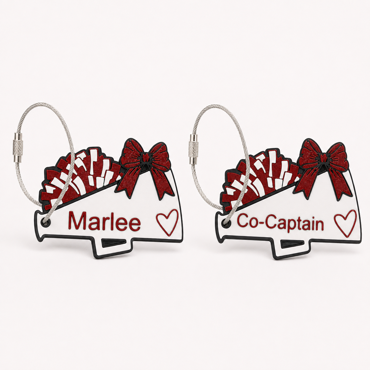 Megaphone cheer bag tags in red — Marlee and Co-Captain