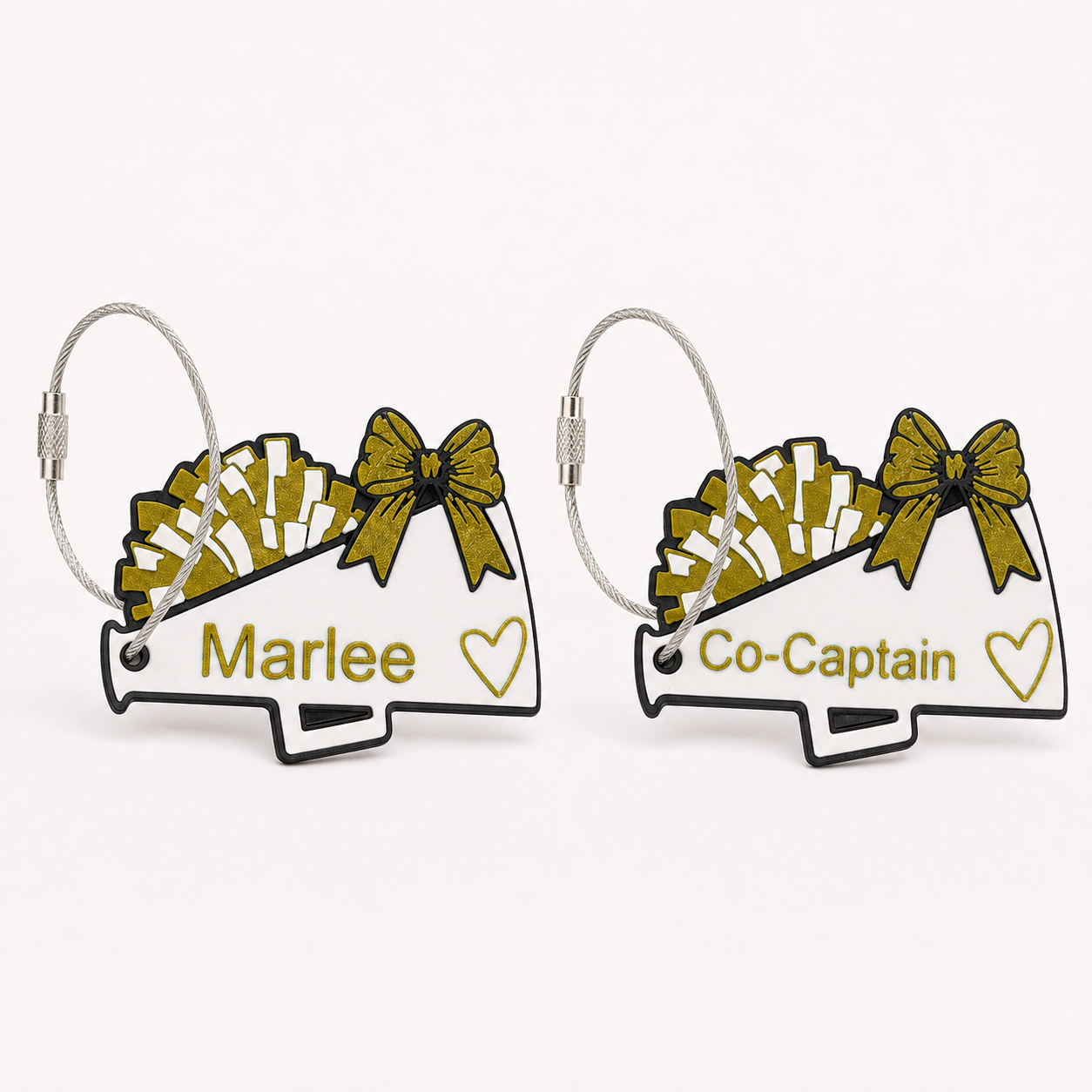 Megaphone cheer bag tags in yellow — Marlee and Co-Captain