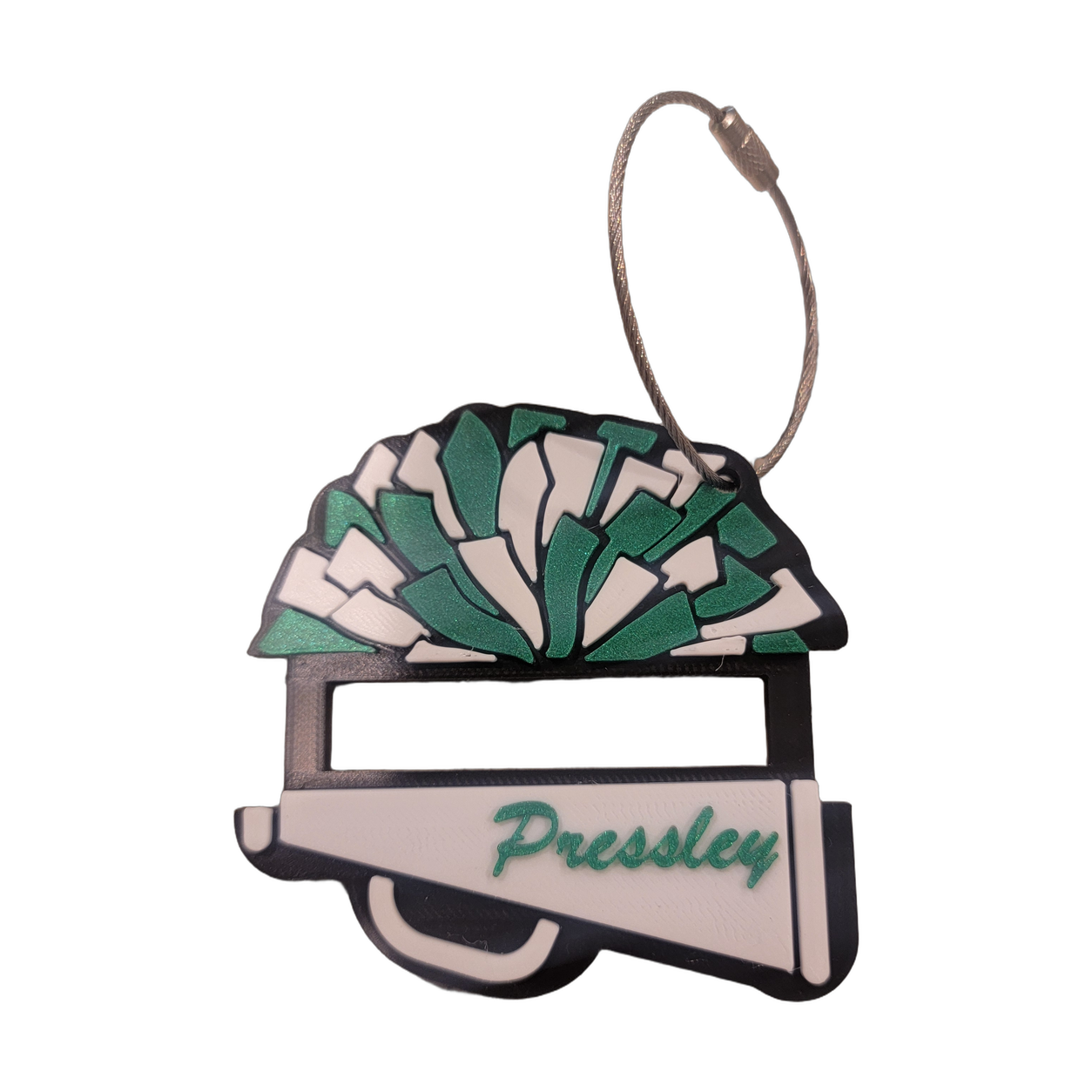 Cheer ponytail bag keychain — pom-pom and megaphone, ponytail holder slot, Pressley name, wire loop — real product photo