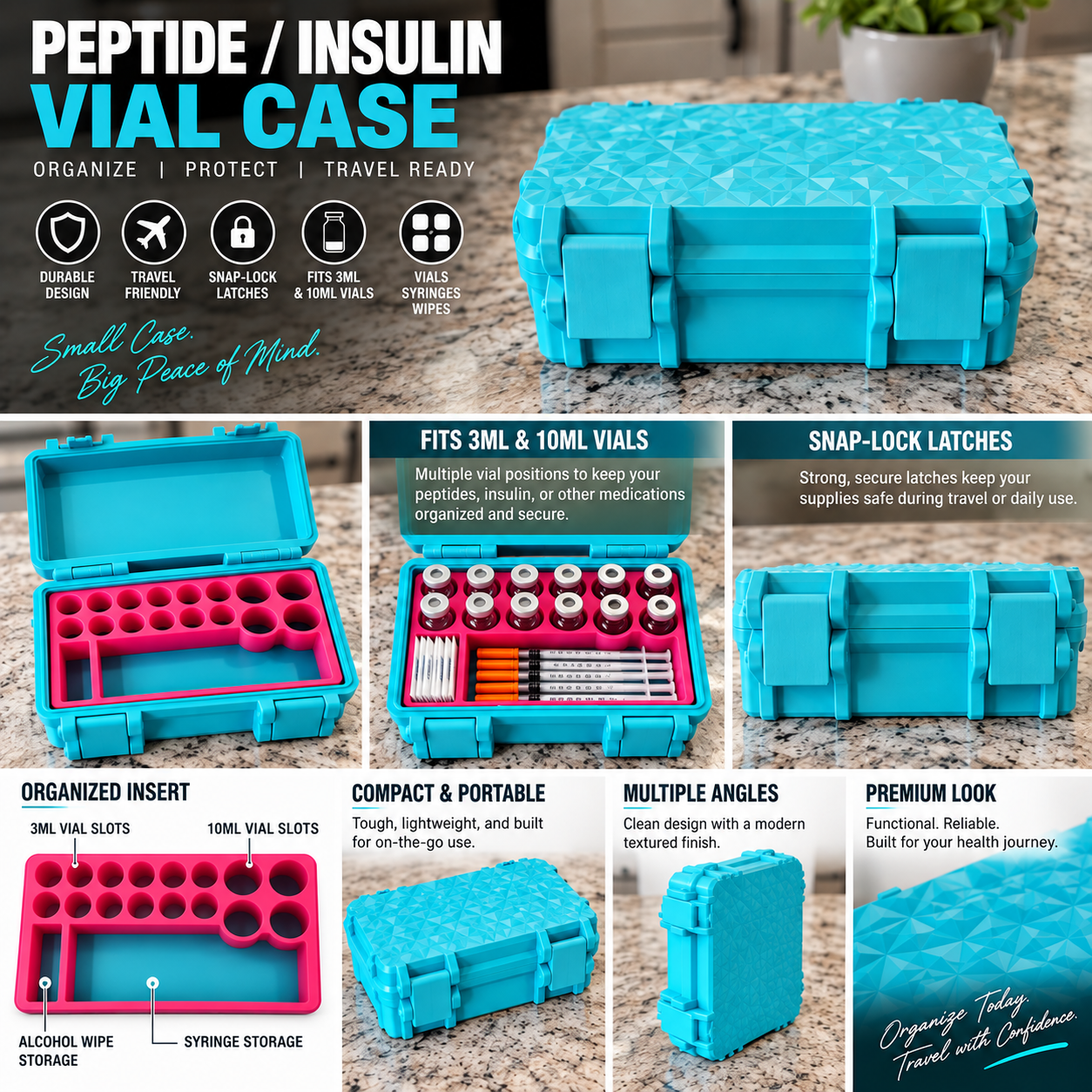 Peptide / Insulin Vial Case in blue — textured custom color