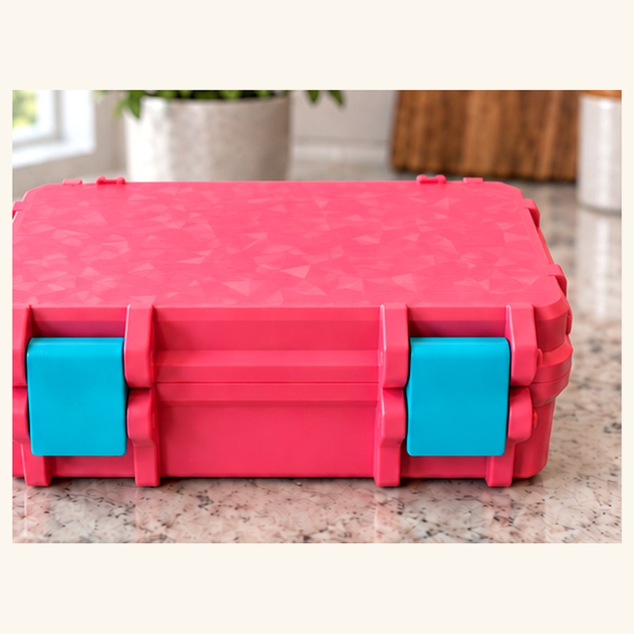 Hard-shell vial travel case in pink with blue latches