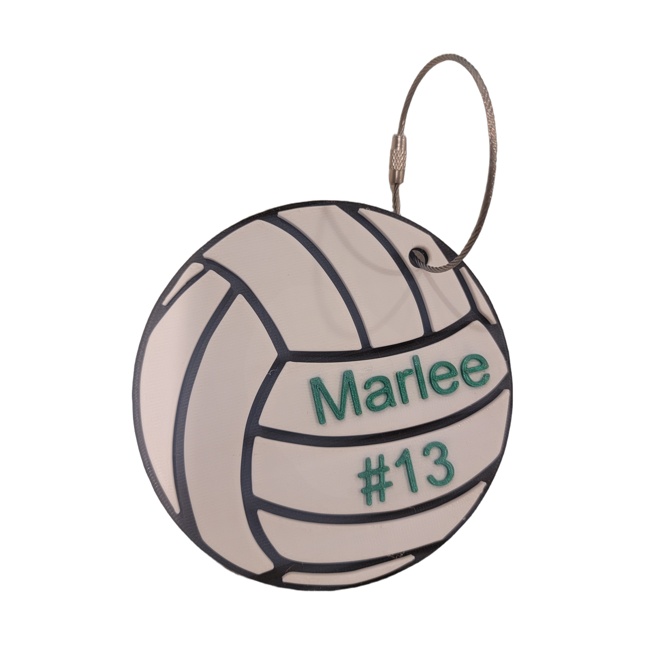 Volleyball bag tag sports keychain — Marlee #13, wire loop — real product photo